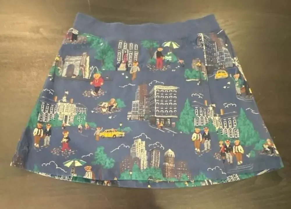 Girls Polo Ralph Lauren Teddy Bear Cityscape Print Skirt skort Size M 8-10 NEW